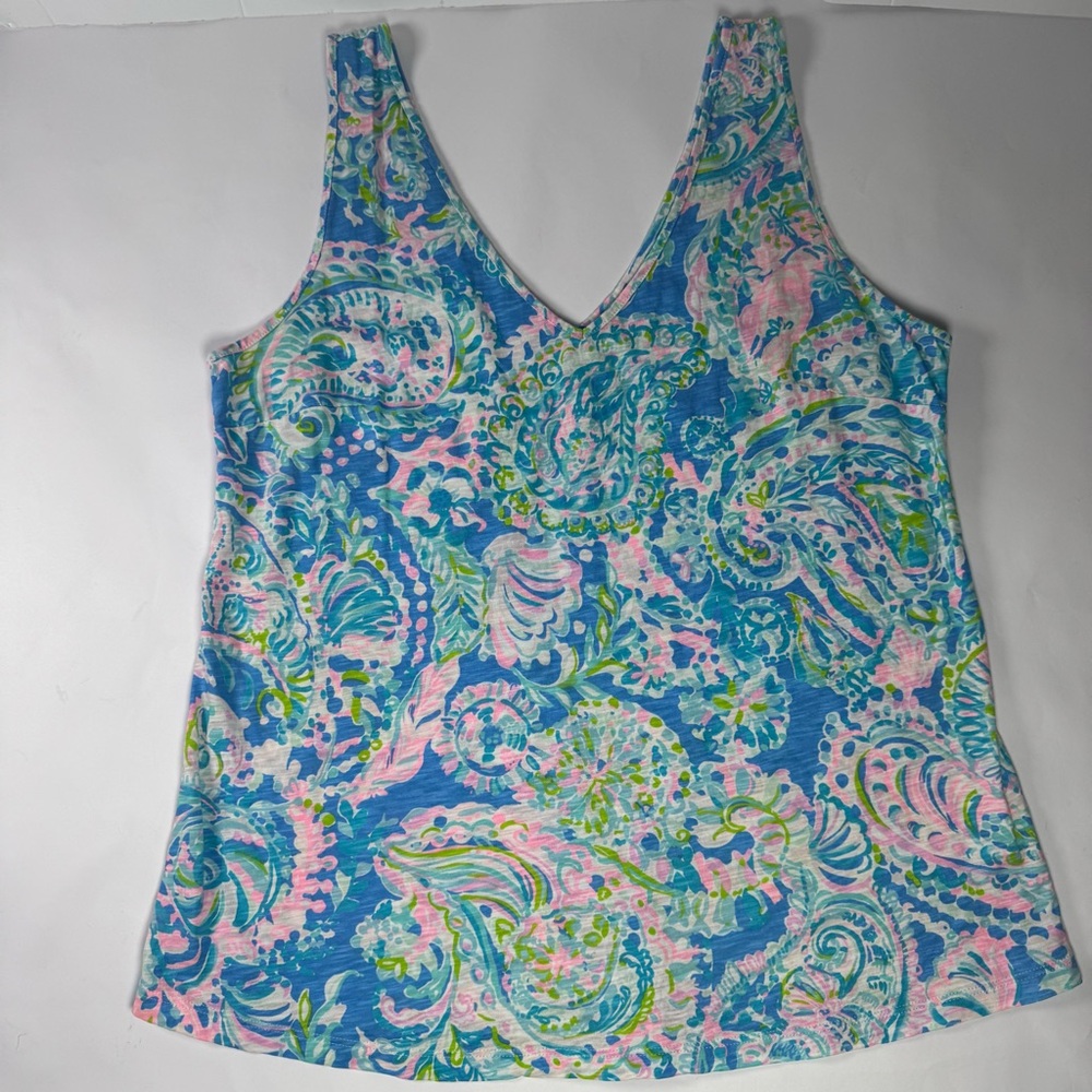 Lilly Pulitzer Blue Pink Paisley V-Neck Tank Top Medium 100% Cotton